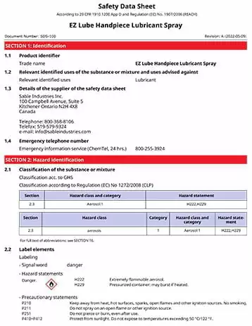 EZ Lube Aerosol SDS